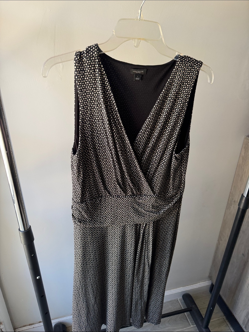Ann Taylor Black and White Polka Dot Faux Wrap Midi Dress